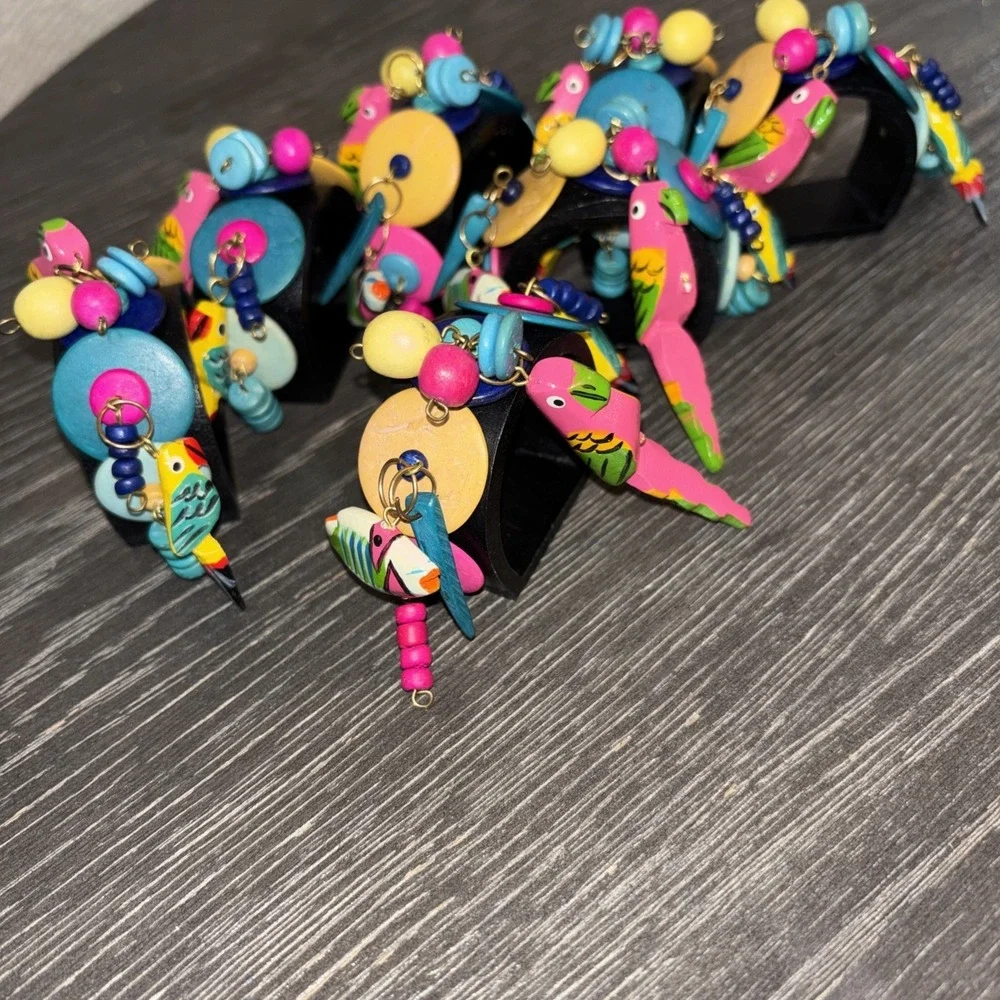Assorted Birds/ Parrots Hand Painted Carved Wood Nampkin Ring Holders Set Of 7